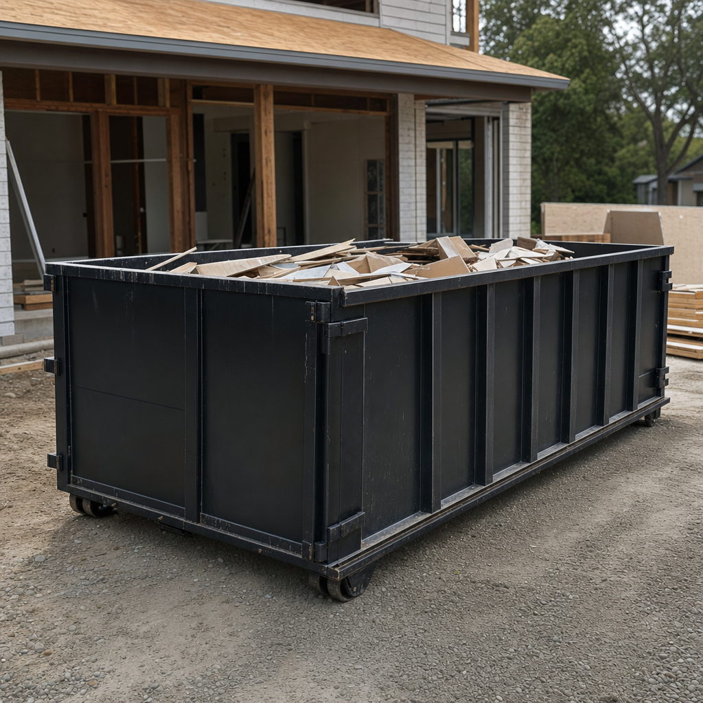 Large matte-black 30-yard construction roll-off dumpster at an active Columbus jobsite, steel-gray top rails and bottom rollers visible, loaded with construction debris.
