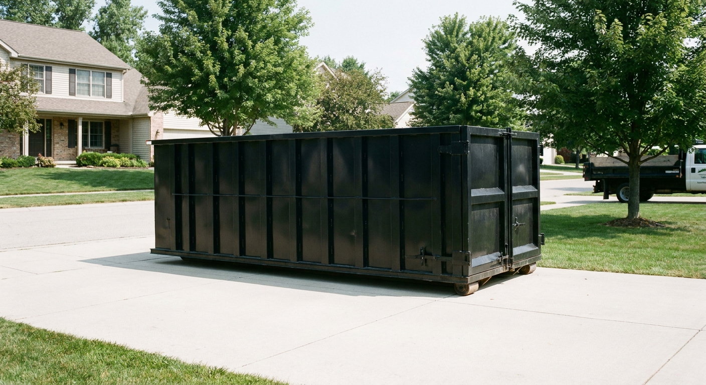 Matte-black 20-yard roll-off dumpster sitting level on a clean Columbus residential concrete driveway under bright daylight, demonstrating clean placement directly on the concrete.