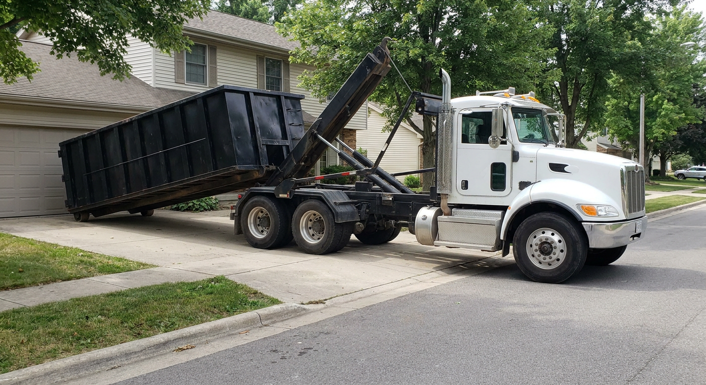 White-cab hooklift roll-off truck actively lowering a matte-black dumpster onto a Columbus residential concrete driveway, the dumpster's rear wheels touching the driveway as the hoist arm tilts the bed forward, mid-morning daylight.