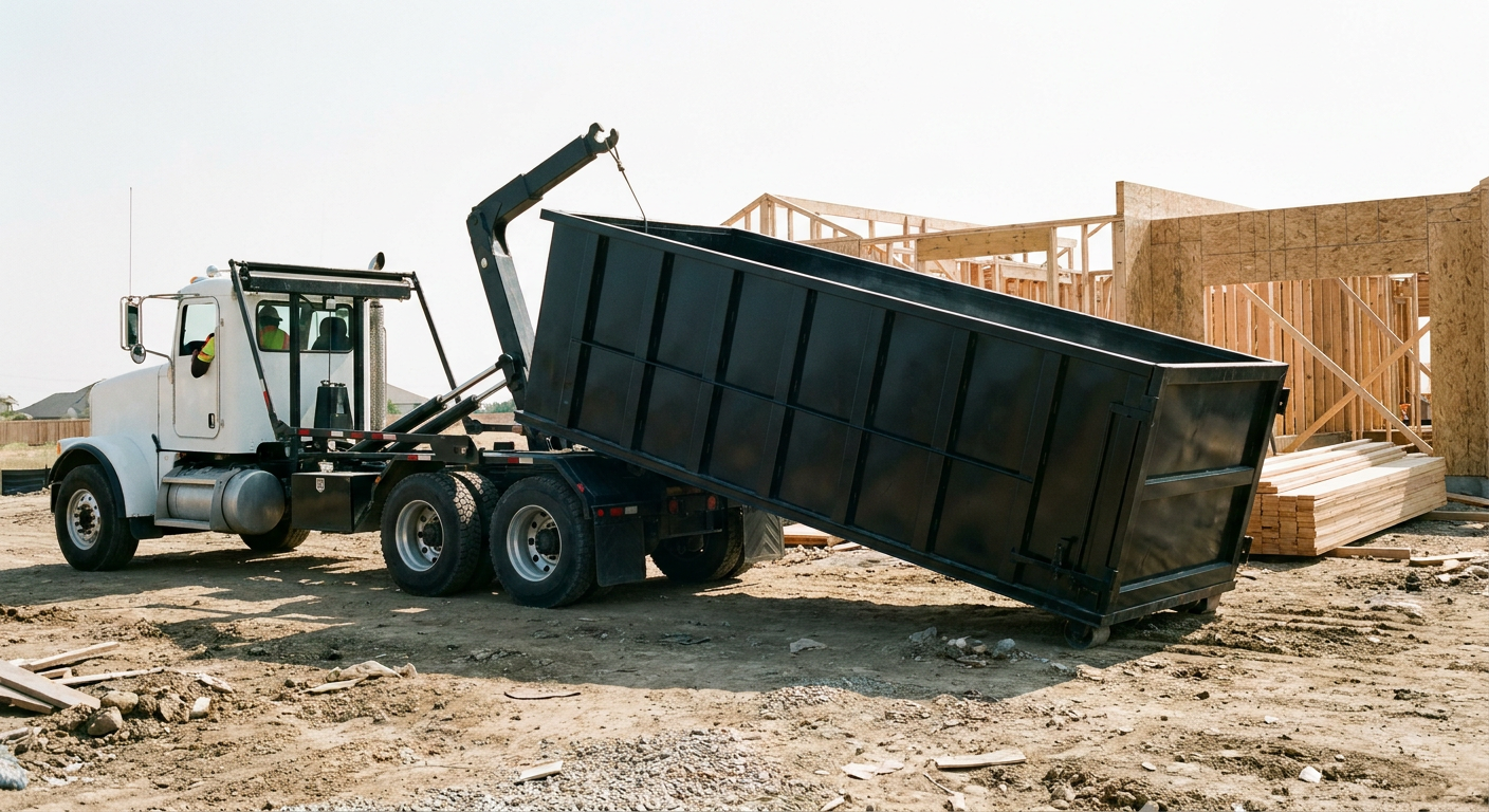 Matte-black roll-off dumpster being delivered onto a clean residential concrete driveway in Columbus by an unmarked white hooklift hauler truck, bright morning daylight, documentary 35mm perspective.